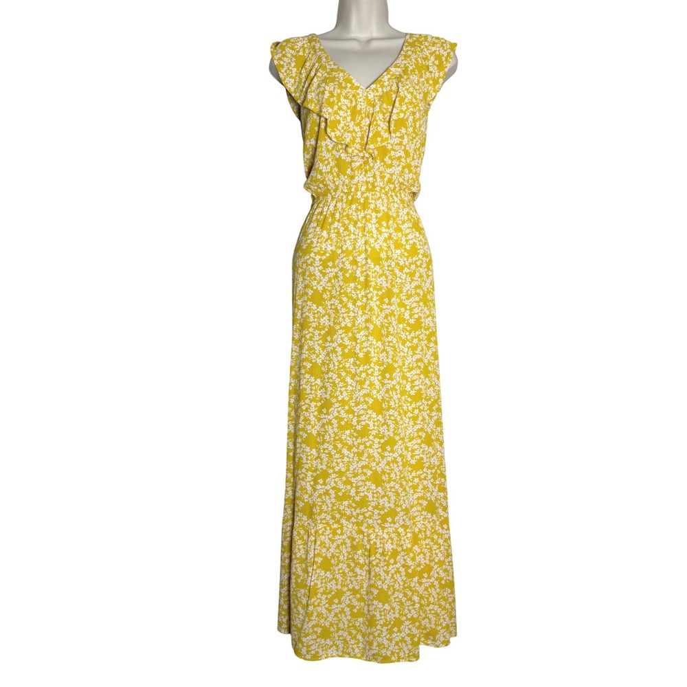 Luna Womens Summer Dress M Yellow Floral Empire Tiered Swing Brunch Boho